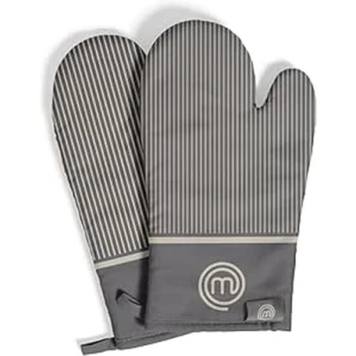 Afbeelding van Masterchef Keukenhandschoenen, hittebestendig, van 100% katoen, ideaal voor koken, bakken, met ophanglus en logo, grijs