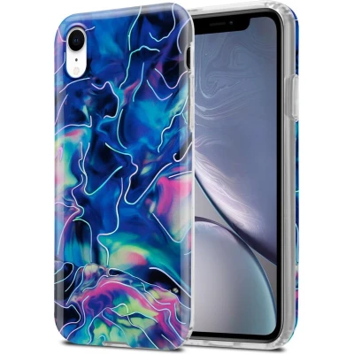 Afbeelding van Cadorabo Hoesje geschikt voor Apple iPhone XR in Blauw Roze marmer No. 17 Beschermhoes gemaakt van TPU siliconen Case Cover met mozaïek motief