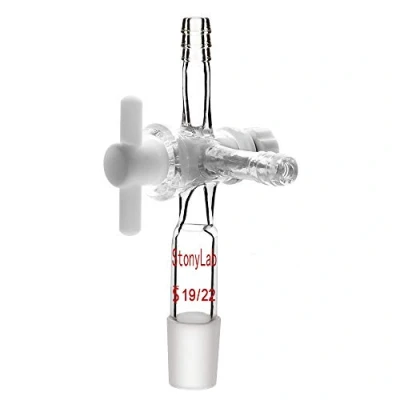 Afbeelding van StonyLab 3 weg doorstroomregelaar adapter van borosilicaatglas met standaard 19/22 en PTFE afsluitkraan voor laboratorium