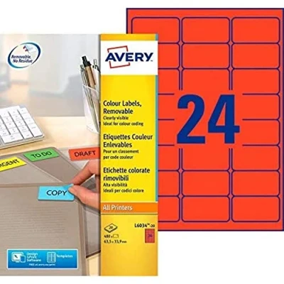 Afbeelding van Avery afneembare gekleurde etiketten ft 63,5 x 33,9 mm (b h), 480 stuks, 24 per blad, rood etiket