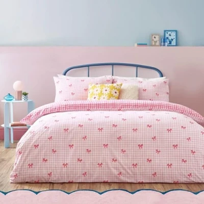 Afbeelding van Heya Home Parure de lit Motif nœuds vichy Rose King size