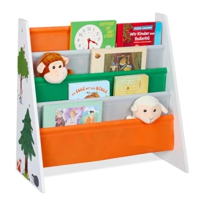 Afbeelding van Relaxdays boekenkast kinderkamer kinderboekenkast kinderboekenrek 4 vakken bosdieren