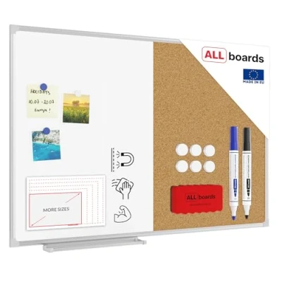Afbeelding van ALLboards 2 in 1 combiboard, magnetisch, afwasbaar, droog en van kurk, met aluminium frame, 90 x 60 cm, whiteboard