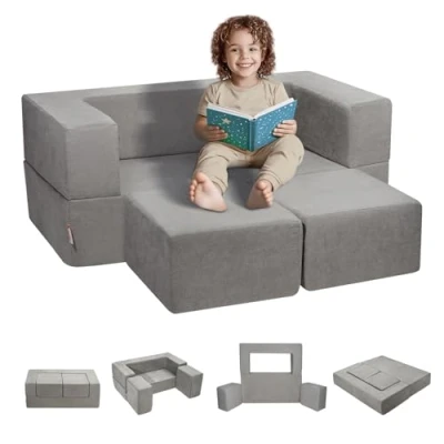 Image de VEVOR Canapé enfant convertible fauteuil ludique pour lecture 4 pcs gris foncé