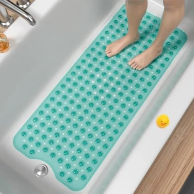 Afbeelding van HITSLAM Badmat, antislip, extra lang, schimmelbestendig, machinewasbaar, met zuignappen en drainagegaten, zacht voor de voeten, lichtgroen, 101 x 40 cm