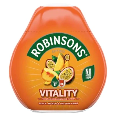 Afbeelding van Robinsons Vitality Natuurlijke vruchtensapdruppels perzik, mango en passievrucht met vitamine B3, 66 ml