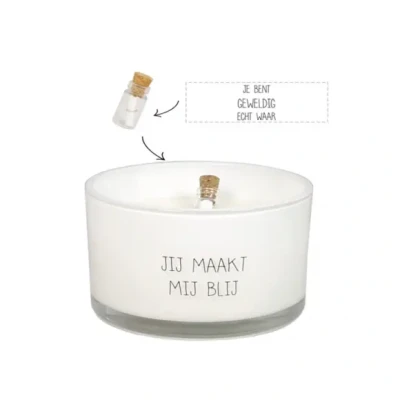 Afbeelding van MY FLAME Sojakaars Flessenpostkaars Jij maakt mij blij Fresh Cotton 35 branduren
