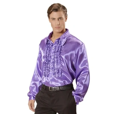 Afbeelding van Widmann Jaren 80 &amp; 90 Kostuum Lekker Foute Rouchenblouse Paars Man XL Carnavalskleding Verkleedkleding