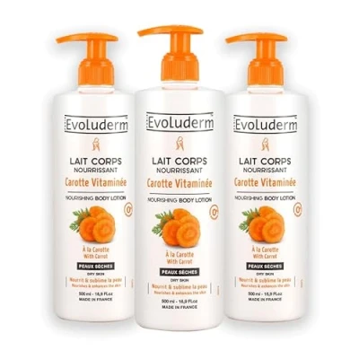 Afbeelding van EVOLUDERM Voedende bodymilk wortel vitamine 500 ml Ingrediënten van natuurlijke oorsprong Veganistisch Gemaakt in Frankrijk 3 x