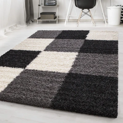 Afbeelding van Basic Shaggy Geblokt vloerkleed Zwart / Wit Hoogpolig 200x290 cm