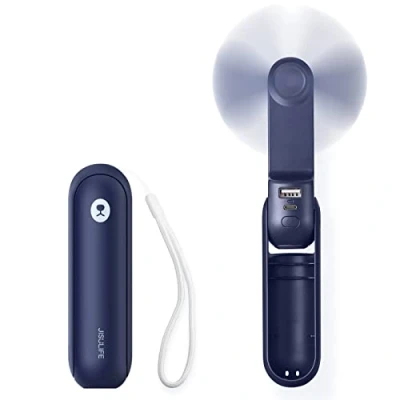 Afbeelding van JISULIFE Zakventilator, draagbare mini handventilator, werkt op batterijen, oplaadbaar via USB [14 21 uur], opvouwbare en stille persoonlijke ventilator met externe batterij, zaklamp, blauw