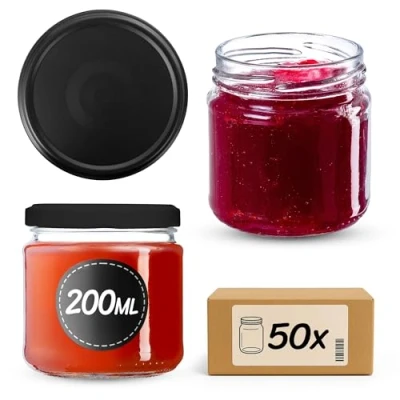 Afbeelding van KADAX Lot de 50 petits bocaux à confiture, ronds, 200 ml, diamètre : 66 mm, pour miel et épices, hermétiques, noir mat