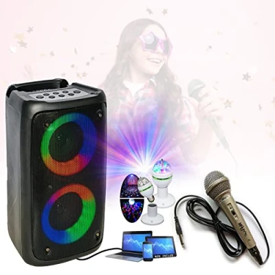 Afbeelding van Party Light &amp; Sound Draagbare karaoke luidspreker op batterijen voor kinderen, feest, LEO 250 USB Bluetooth Microfoon Draaibaar lichtspel Verjaardag Boom