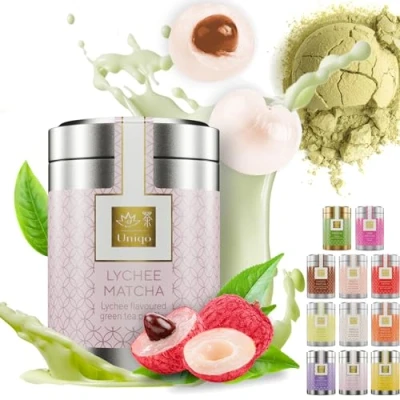 Afbeelding van Tea Uniqo lychee Matcha poeder ideaal voor Bubbletea, ijs of smoothies Latte met smaak, zonder kunstmatige kleurstoffen in elegante doos