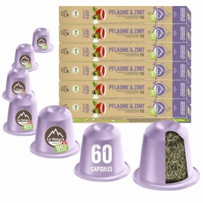 Image de La Natura Lifestyle THÉ BIO PRUNE et CANNELLE 60 Capsules de thé compatibles avec les machines à Nespresso 100% compostables industrielles²