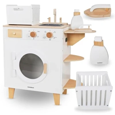 Afbeelding van Mamabrum kinderwasmachine van hout 3+ met strijkijzer, mand en wasvloeistof, speelgoedset reinigingsmiddelen, strijkplank voor