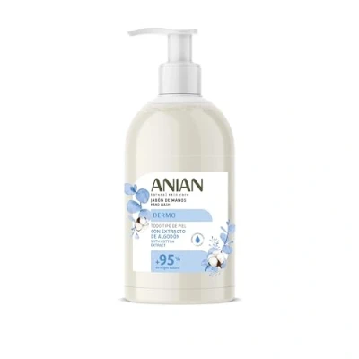 Afbeelding van ANIAN Dermo handzeep 500 ml voor alle huidtypes met katoenbloem en glycerine, reinigt hydrateert, zachte verzorging, 95% ingrediënten van natuurlijke oorsprong