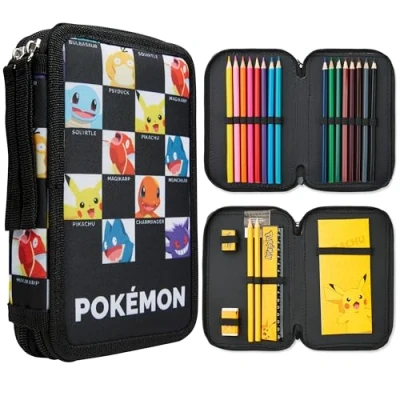 Afbeelding van Pokemon Pennenetui voor kinderen en jongeren, met schoolbenodigdheden, Pikachu, etui, dubbel vak, HB potloden, tekenset, kleuren, Meerkleurig, Eén maat, Pokémon figuren