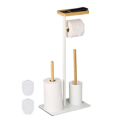 Afbeelding van wc rolhouder staand reserverolhouder plankje borstel met houder wit