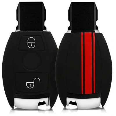 Afbeelding van kwmobile Autosleutel hoesje geschikt voor Mercedes Benz 2 knops (alleen Keyless Go) behuizing in rood / zwart Rallystrepen design
