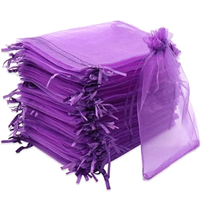 Afbeelding van Leeyunbee 100 stuks paarse organza zakjes 10 x 15 cm zakjes, geschenkzakjes sieraden bruiloft snoepzak voor festival, feest en bruiloft, satijnen trekkoord