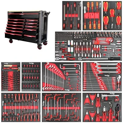 Afbeelding van Mephisto Pro Line BIG Werkplaatswagen gevuld met 12 laden, waarvan 11 gereedschap zoals VDE schroevendraaier, ratel notenbox, schroevendraaierset in zachte carbon inleg Lock