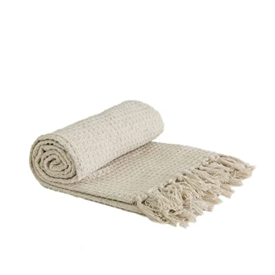 Afbeelding van Emma Barclay Honeycomb Bankovertrek, effen, wafelpatroon, van gerecycled katoen, voor fauteuil, bank, sofa, bedsprei, ivoorkleurig, 127 x 152 cm