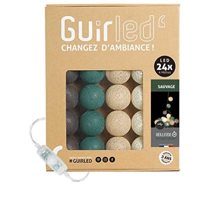 Afbeelding van GuirLED Lichtketting met bolletjes van katoen, USB, 2 uur nachtlampje voor baby&#039;s, incl. A dubbele USB adapter, 3 intensiteiten, 24 bolletjes, 2,4 m, Sauvage