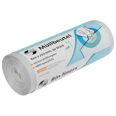 Afbeelding van DEISS UNIVERSAL Plus 49908 vuilniszakken met gekleurde band, bedrukt, 620 mm x 720 mm, transparant, 50 per rol, 60 l