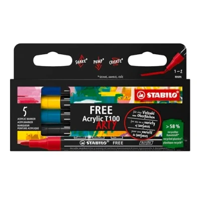 Afbeelding van STABILO FREE Acryl Marker T100 Ronde Punt 1 2 mm Set Royal Met 5 Verschillende Kleuren