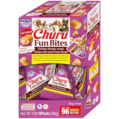 Afbeelding van INABA Churu Fun Snack voor honden, kippenbeten en zoete aardappelen, 8 verpakkingen x 12 g, zachte lekkere premietti hondenvoer zonder conserveringsmiddelen