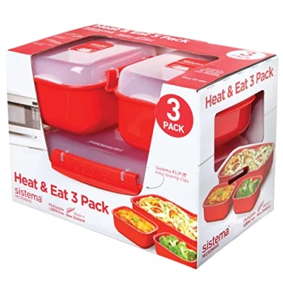 Image de Sistema Heat and Eat Lot de 3 boîtes à déjeuner pour micro ondes sans BPA Rouge 1,25 l 525 ml