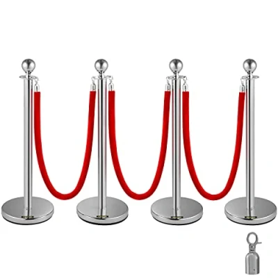 Afbeelding van VEVOR Set van 4 begrenzingspalen, roestvrij staal, kogelkop, 3 stuks, fluweel, rood, zuil, zilver