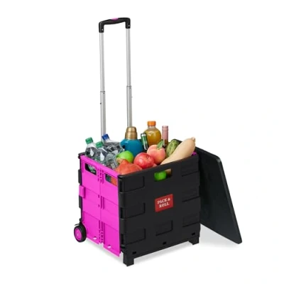 Afbeelding van Relaxdays boodschappentrolley inklapbaar vouwkrat met wielen trolley boodschappenkar roze