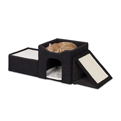 Afbeelding van Relaxdays kattenmand met krabplank zwart kattenhuis opvouwbaar kattenbed kussen