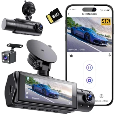 Afbeelding van SHRINLUCK X5 4K WiFi Dashcam Auto Voor Achter Binnen, SD kaart 64G, 2160P + 1080P FHD 3 Kanalen Dash Cam, Drievoudige Autocamera 360 Alle Zijden, G Sensor, WDR, Nachtzicht, 24 uur