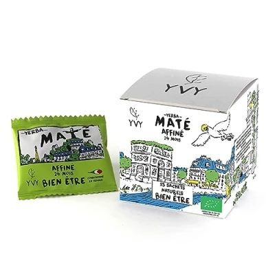 Afbeelding van YVY MATÉ Yerba Mate 24 maanden Bio Grand Cru 15 natuurlijke maté theezakjes biologische niet gerookt, zonder steel, stof, fijne bladeren voor wellnessdrank