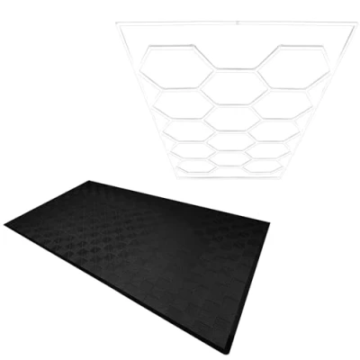 Afbeelding van Geventileerde modulaire vloerbedekking 120 zwarte tegels met randen + 14 zeshoekige LED verlichting 6500K, 3 montagemogelijkheden en ophangkit. Garagevloerbedekking 3,2x6m 19,2m².