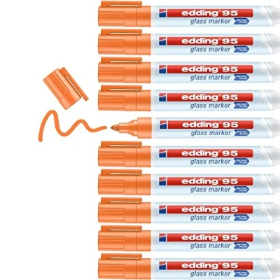 Afbeelding van Edding 95 glasmarkers oranje 10 stiften ronde punt 1,5 3 mm afwisbare raammarkeerder markeren van glasoppervlakken (ruiten, whiteboard) droog afwasbaar