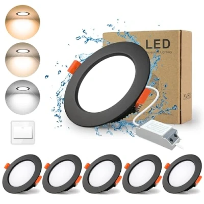Afbeelding van BAGZY Led inbouwspot, zwart, extra plat, 5 stuks, W, 500 lm = 50 W voor een gloeilamp, IP44, 3 kleurtemperaturen 3000 K / 4000 6000 K, AC 220 240 V, uitsparing 70 80 mm, rond, badkamer