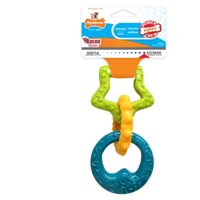 Afbeelding van Nylabone Puppy Chew Teething Rings Hondenspeelgoed Bacon Groen Geel Blauw Voor Honden Tot 11kg S