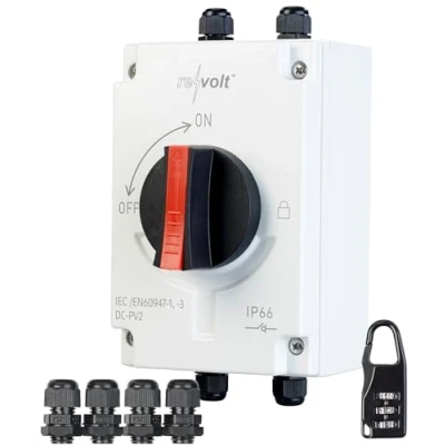 Afbeelding van revolt PV zonne schakelaar: 4 polige DC koppeling, tot 1200 V, 40 A, kabeldoorvoeringen, IP66 (DC Solar PV, isolator)