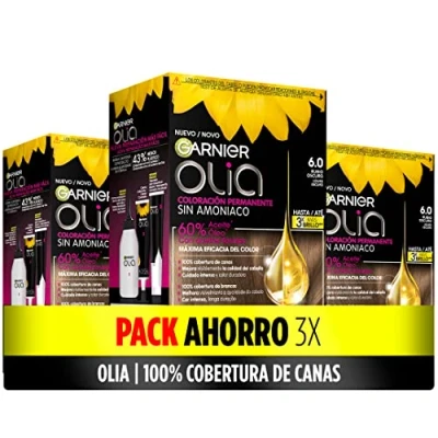 Image de Garnier Olia Lot de 3 colorations permanentes sans ammoniaque pour une odeur agréable aux huiles florales d&#039;origine naturelle, teinte 6.0 blond foncé