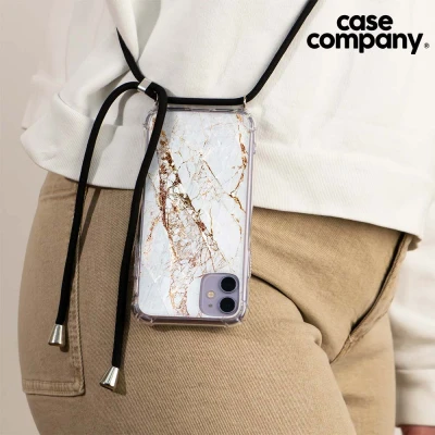 Afbeelding van Case Company® iPhone 11 Pro hoesje met Koord Goud marmer Telefoonhoesje Zwart Extra Bescherming aan alle Kanten en Over de Schermrand