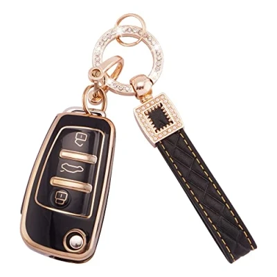 Afbeelding van Koaudb Autosleutelhoes voor Audi A1 A3 A4 A6 A8 Quattro Q3 Q7 S3 S6 RS3 RS6 R8 TT TTS 3 knoppen flip key case zachte TPU hoes met lederen sleutelkoord zwart goud (BP Ad 3)