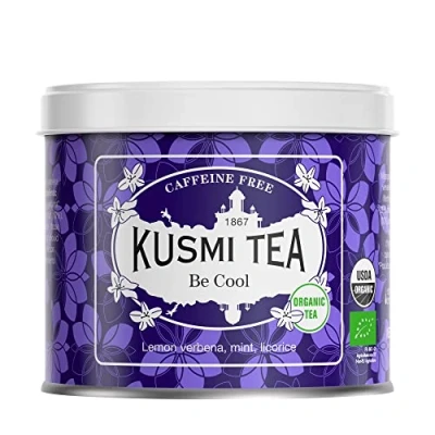 Image de Kusmi Tea Infusion Bio Be Cool Mélange de Plantes, Menthe poivrée, Réglisse et Pomme Tisane Bio, sans Théine, en Vrac Boîte Métal 90g