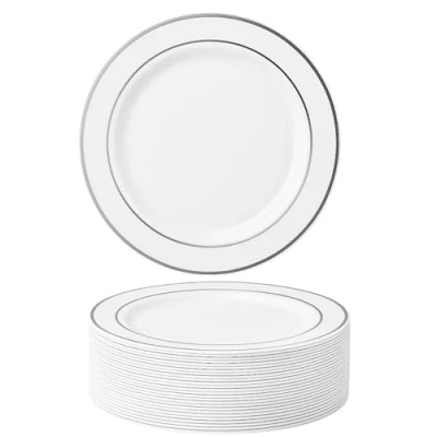 Afbeelding van MATANA 25 Witte Herbruikbare Plastic Borden met Zilveren Rand (26cm) Stevige en voor Feestjes, Bruiloften, Verjaardagen, Kerstmis