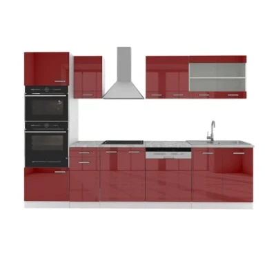 Afbeelding van Vicco Complete keukeneenheid R Line, Bordeaux hoogglans/wit/Wit, 300 cm met hoge kast, zonder werkblad