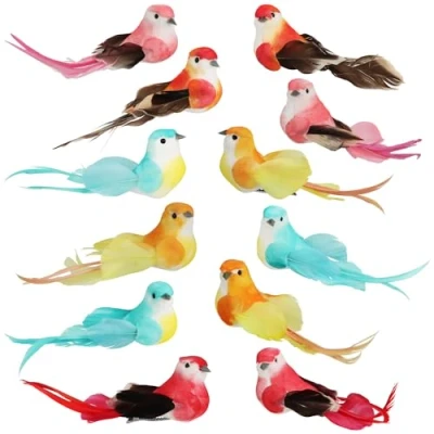 Afbeelding van COM FOUR® 12 x decoratieve vogels kunstvogels in 5 kleurrijke designs met veren en metalen clip vogel ter decoratie (12 stuks mengset 01)