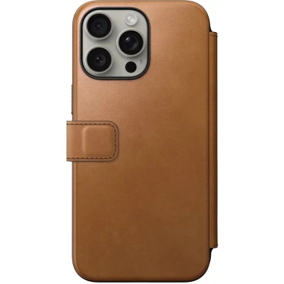 Afbeelding van Nomad Modern Leather Folio Book cover hoesje voor iPhone 15 Pro MAx leder Geschikt MagSafe en draadloos opladen English Tan